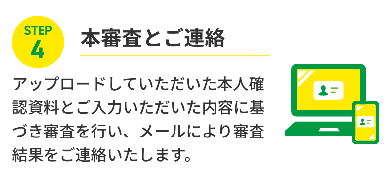 STEP4 本審査とご連絡 アップロードしていただいた本人確認資料とご入力いただいた内容に基づき審査を行い、メールにより審査結果をご連絡いたします。